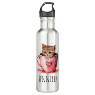 Cute Kitten in a Teacup with Hearts 710 Ml Water Bottle