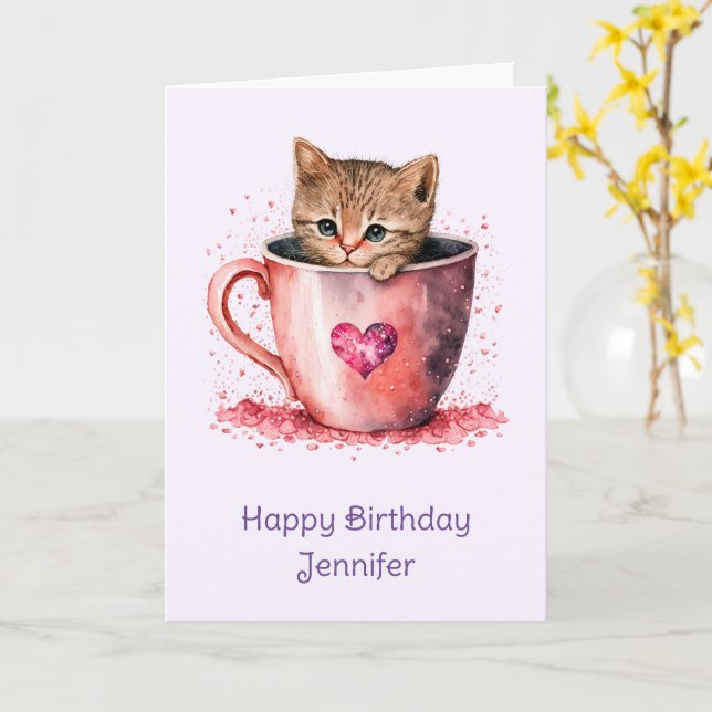 Cute Kitten in a Teacup with Hearts Birthday Card (Yellow Flower)
