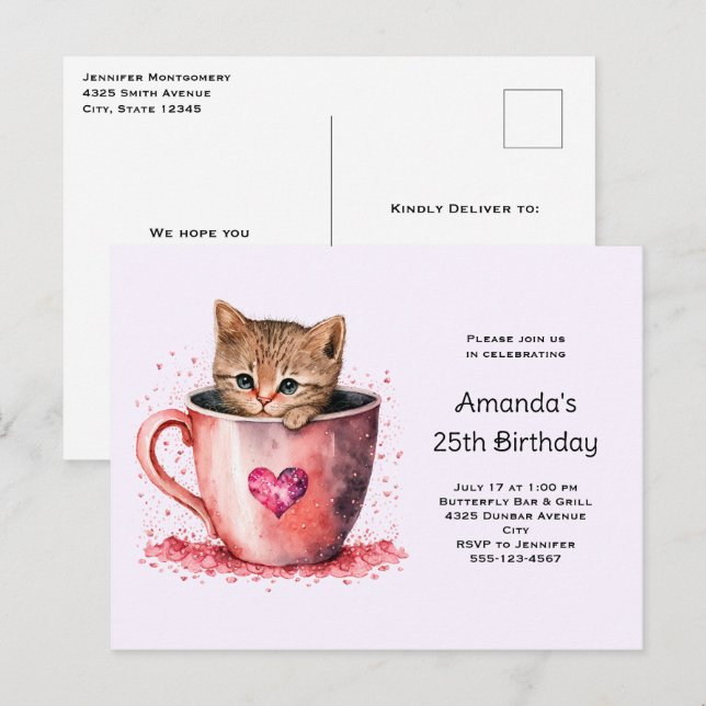 Cute Kitten in a Teacup with Hearts Birthday Invitation Postcard (Front/Back)
