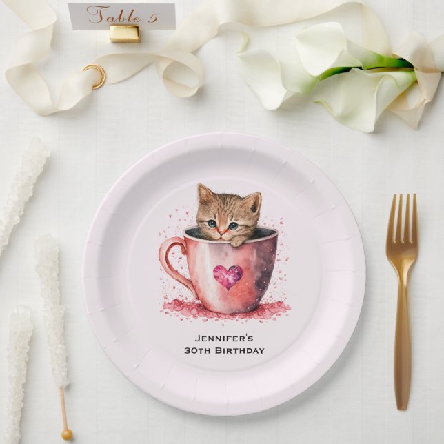Cute Kitten in a Teacup with Hearts Birthday Paper Plate (Wedding)