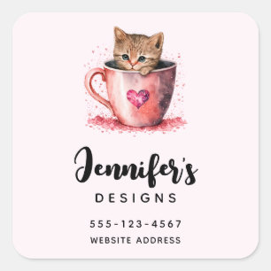 Cute Kitten in a Teacup with Hearts Business Square Sticker