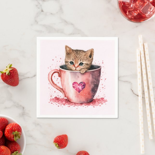 Cute Kitten in a Teacup with Hearts Napkin (Insitu)