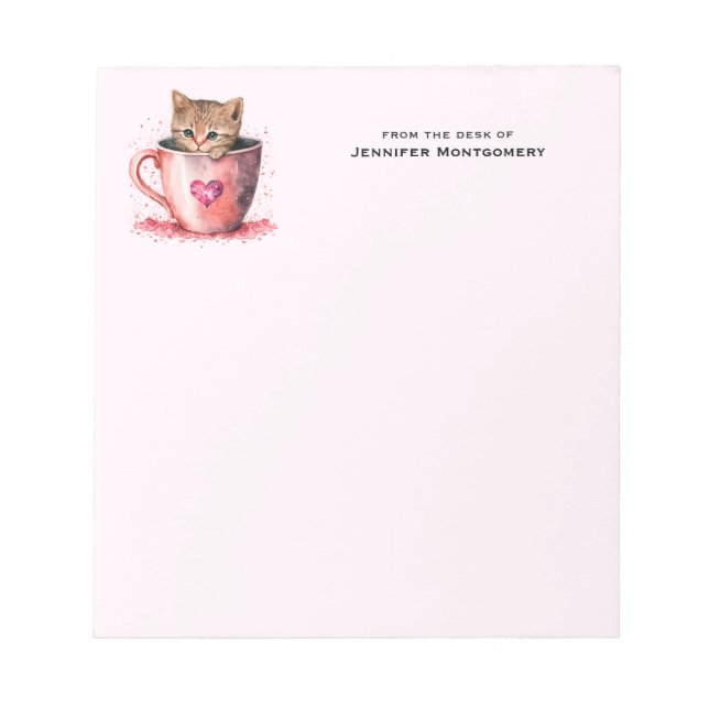 Cute Kitten in a Teacup with Hearts Notepad (Front)