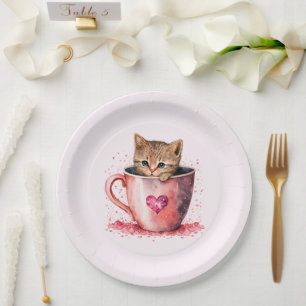 Cute Kitten in a Teacup with Hearts Paper Plate