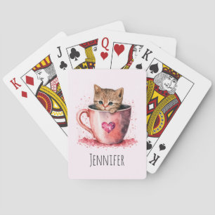 Cute Kitten in a Teacup with Hearts Playing Cards