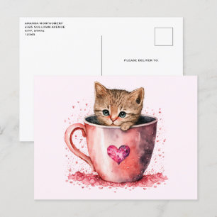Cute Kitten in a Teacup with Hearts Postcard