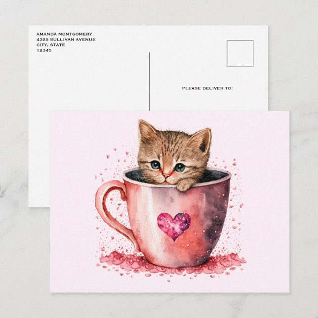 Cute Kitten in a Teacup with Hearts Postcard (Front/Back)