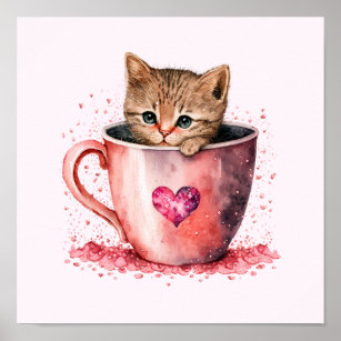 Cute Kitten in a Teacup with Hearts Poster