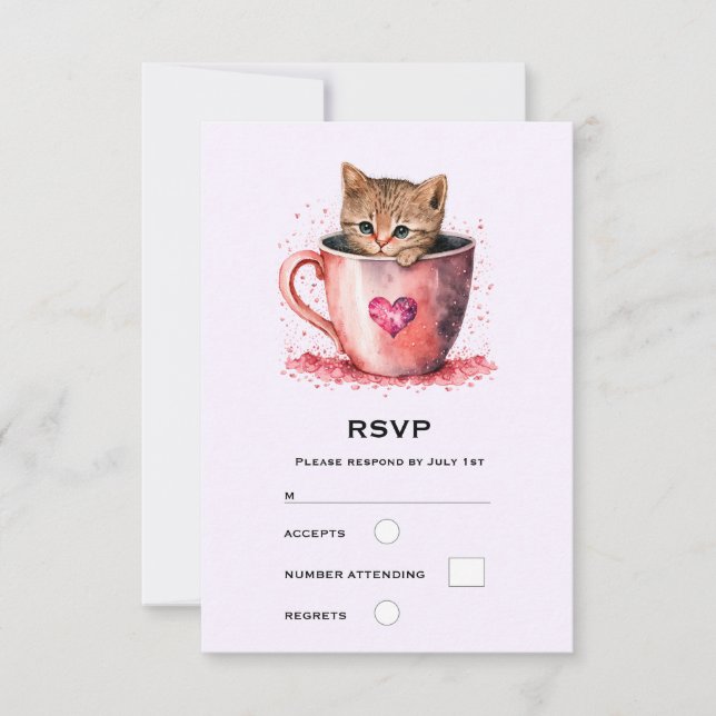 Cute Kitten in a Teacup with Hearts RSVP Card (Front)