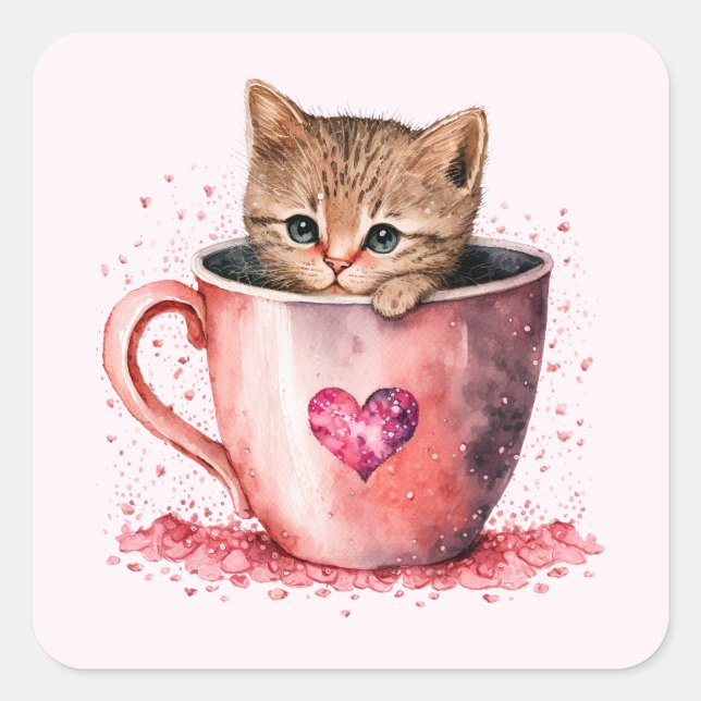 Cute Kitten in a Teacup with Hearts Square Sticker (Front)
