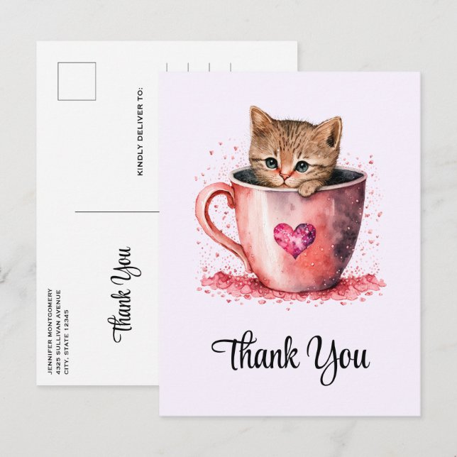 Cute Kitten in a Teacup with Hearts Thank You Postcard (Front/Back)
