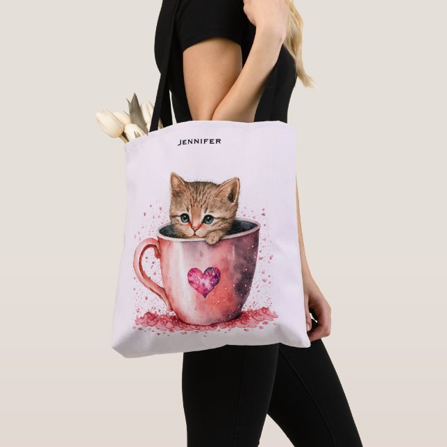Cute Kitten in a Teacup with Hearts Tote Bag (Close Up)