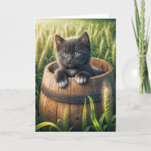 Cute Kitten In a Wooden Barrel Card