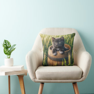 Cute Kitten In a Wooden Barrel Throw Pillow