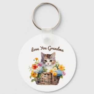 Cute Kitten in Basket of Flowers Keychain