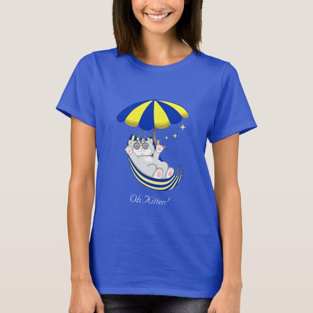 Cute Kitten in Blue & Yellow Hammock T-Shirt (Front)
