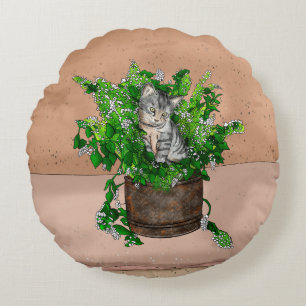 Cute Kitten in Catnip Antique Pot Round Pillow