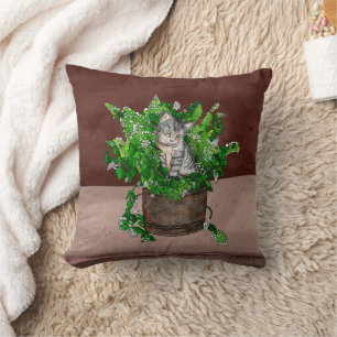Cute Kitten in Catnip Antique Pot   Throw Pillow