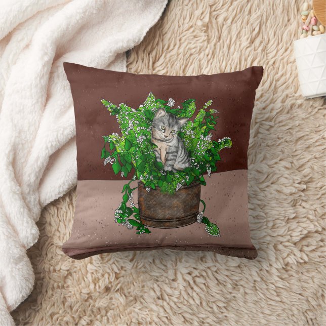Cute Kitten in Catnip Antique Pot   Throw Pillow (Blanket)