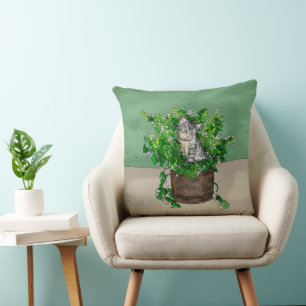 Cute Kitten in Catnip Antique Pot   Throw Pillow