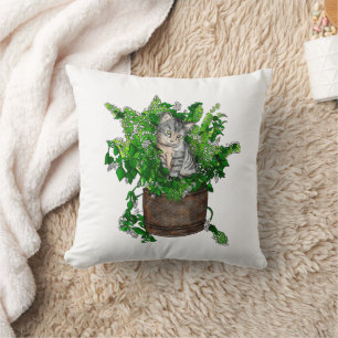 Cute Kitten in Catnip Pot   Throw Pillow