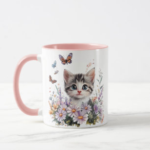 Cute Kitten in Flowers & Butterflies Mug