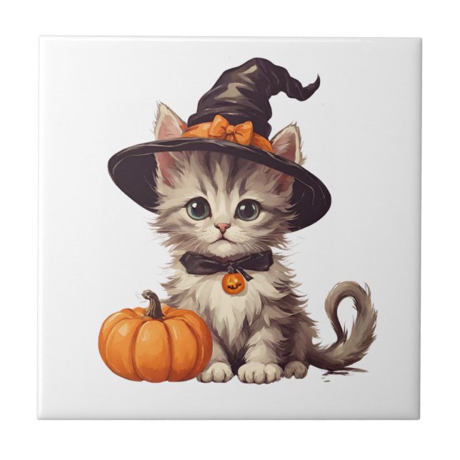 Cute Kitten in Halloween Witch Costume  Tile (Front)