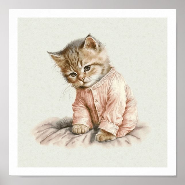 Cute kitten in pink pyjamas poster print (Front)