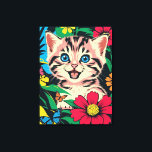Cute Kitten in Pop Art Painting Style Canvas Print<br><div class="desc">A cute Kitten with blue eyes plays in nature with flowers and butterflies in Pop Art Painting Style.</div>