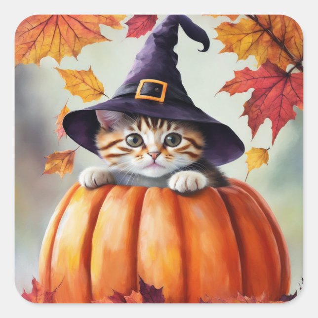 Cute Kitten In Pumpkin Wearing Purple Witch Hat Square Sticker (Front)