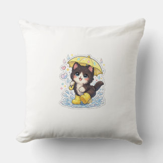 Cute Kitten in Rainy Day with Yellow Umbrella Throw Pillow