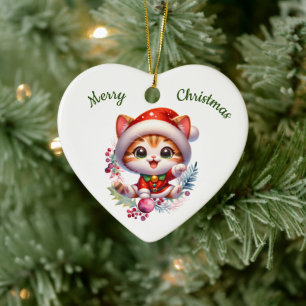 Cute Kitten in Santa Costume Christmas Ceramic Ornament