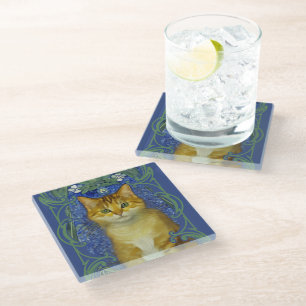 Cute Kitten in Vintage Art Nouveau Style Glass Coaster