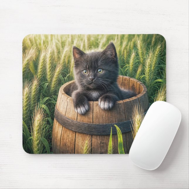Cute Kitten In Wooden Barrel Mouse Pad (With Mouse)