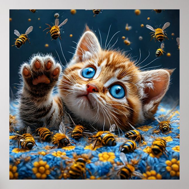 Cute Kitten Interacting with Bees Poster (Front)