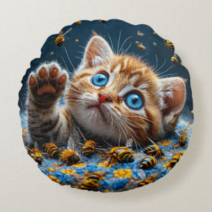 Cute Kitten Interacting with Bees Round Pillow