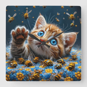 Cute Kitten Interacting with Bees Square Wall Clock