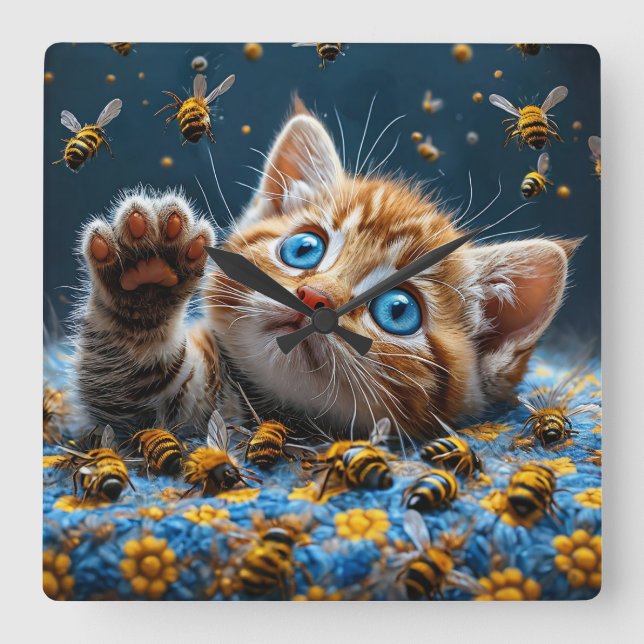 Cute Kitten Interacting with Bees Square Wall Clock (Front)