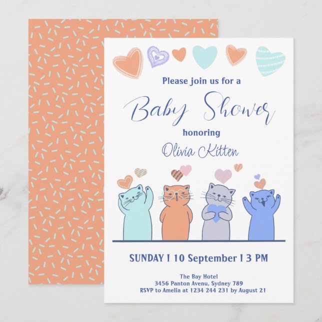 Cute Kitten Kitty Cats Hearts Baby Shower Invitation (Front/Back)