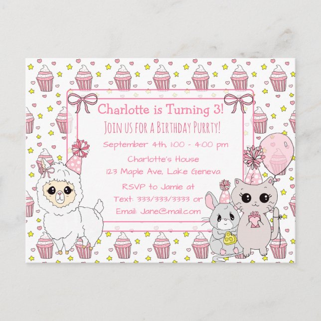 Cute Kitten, Llama and Mouse Girl's Birthday Postcard (Front)