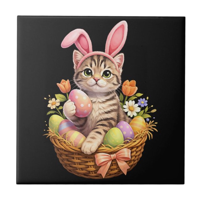 Cute Kitten Lovers Happy Easter Cat Tile (Front)