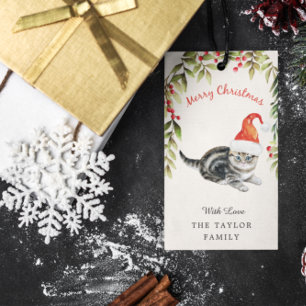 Cute Kitten Merry Christmas Santa Hat Cat Lovers Gift Tags