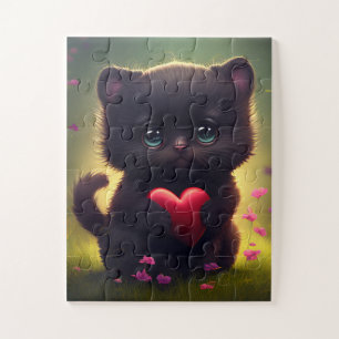 Cute Kitten noir tenant un Puzzle de coeur