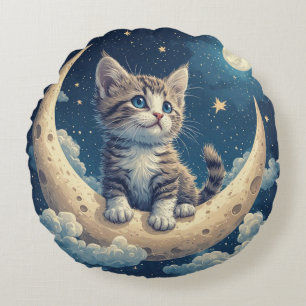 Cute Kitten on a Crescent Moon With Stars Round Pillow