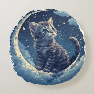 Cute Kitten on a Crescent Moon With Stars Round Pillow