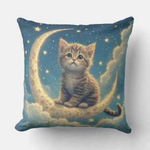 Cute Kitten on a Crescent Moon With Stars Throw Pillow