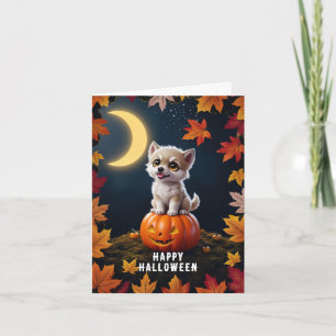 Cute Kitten on a Pumpkin with Fall Leaves Card