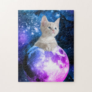 Cute Kitten On The Moon, Glowing Stars, Universe Jigsaw Puzzle
