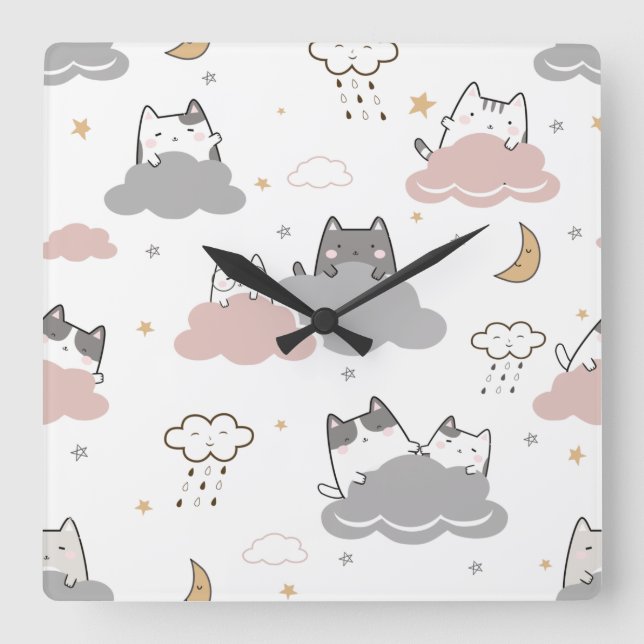 Cute Kitten Pattern White Square Wall Clock (Front)