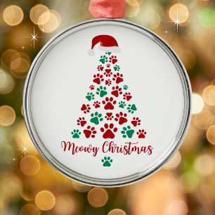 Cute Kitten Paw Print Meowy Christmas Tree Metal Ornament